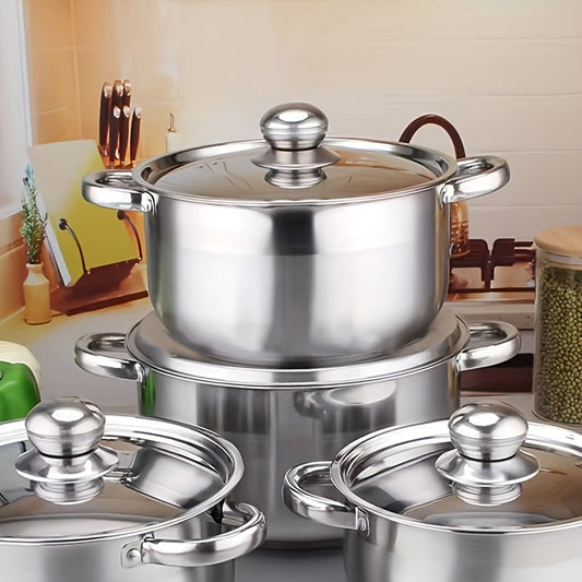 Set of 10 Stainless Steel Cookware Pieces with Matching Lids - Includes 5 Pots and 5 Lids - Sturdy, Multi-Purpose, Simple to Maintain, Compatible with All Stove Types - Ideal for Home, Restaurant, or Camping