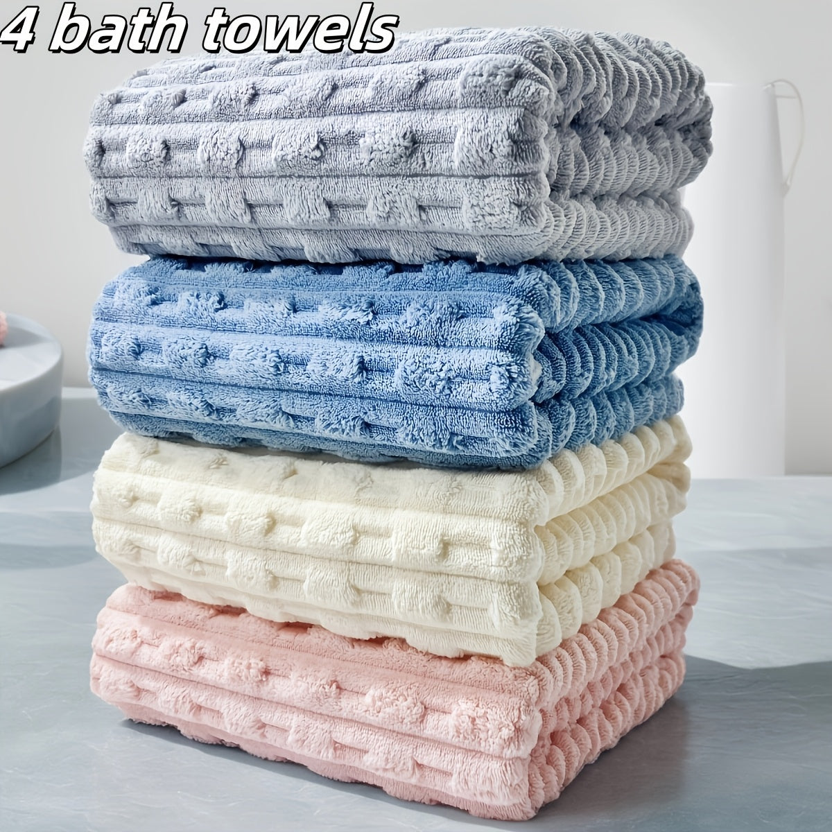 Four modern microfiber bath towels in fantasy theme, super absorbent, 69.85*139.95cm, nylon & polyester blend, 300gsm, oblong shape, individually packaged.