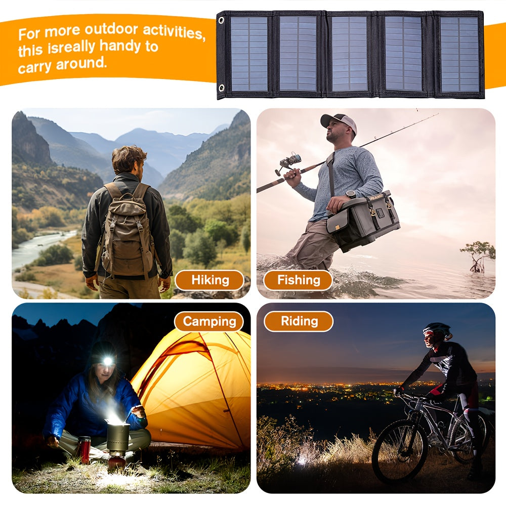 Portable foldable solar charger panel with high-efficiency monocrystalline silicon and USB charging for phones and fans. Ideal for outdoor camping and travel, with no battery and