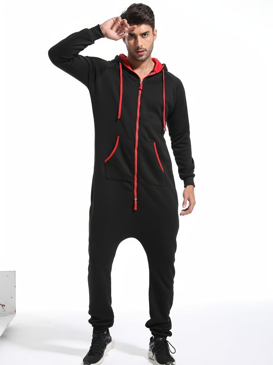 Men's Winter Pajama Jumpsuit - Solid color, long sleeved knit fabric, 100% polyester, hooded collar, with pockets and slight stretch. Comfortable lounge wear.