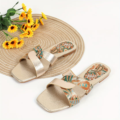 Women's Paisley Pattern Flat Slides with Square Open Toe, Casual Outdoor Beach Sandals.