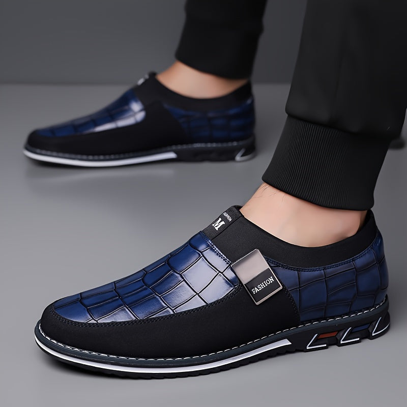 Men's slip-on business casual shoes with synthetic microfiber leather, anti-slip rubber sole, PU inner lining, and low top design for daily wear in spring/fall season.