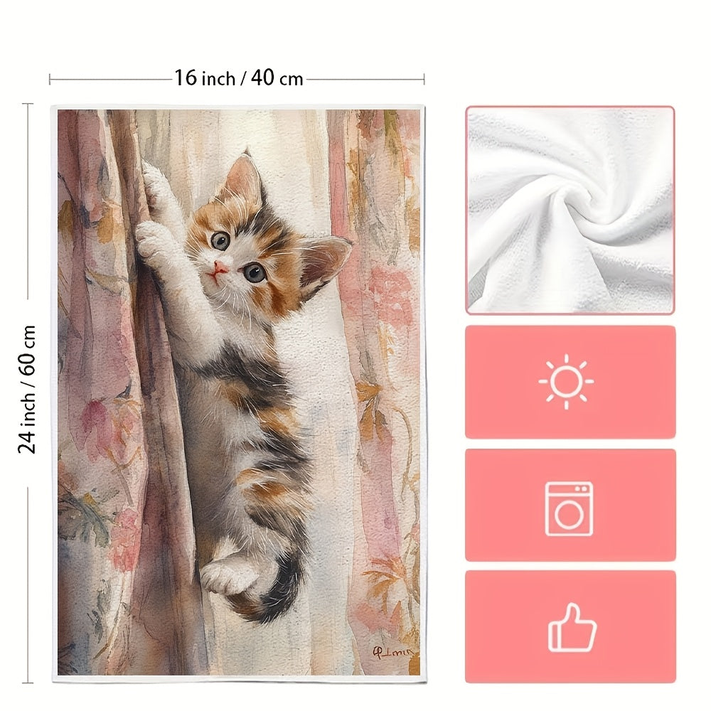 Two pieces of ultra soft kitchen towels featuring an adorable kitten climbing curtains design. These highly absorbent and machine washable dish hand towels also showcase a contemporary floral pattern. Ideal for home decor, these towels measure