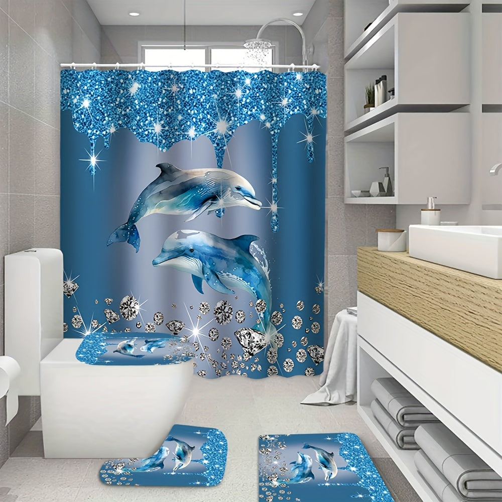 Dolphin-themed shower curtain set with bath mat & rug. Waterproof polyester, easy care. Ideal for ocean-themed bathroom decor.