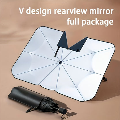 Reflective car sun shade with UV and heat protection, V design rearview mirror, made of iron with hook & loop closure. UPF 50+ sunshade protector.