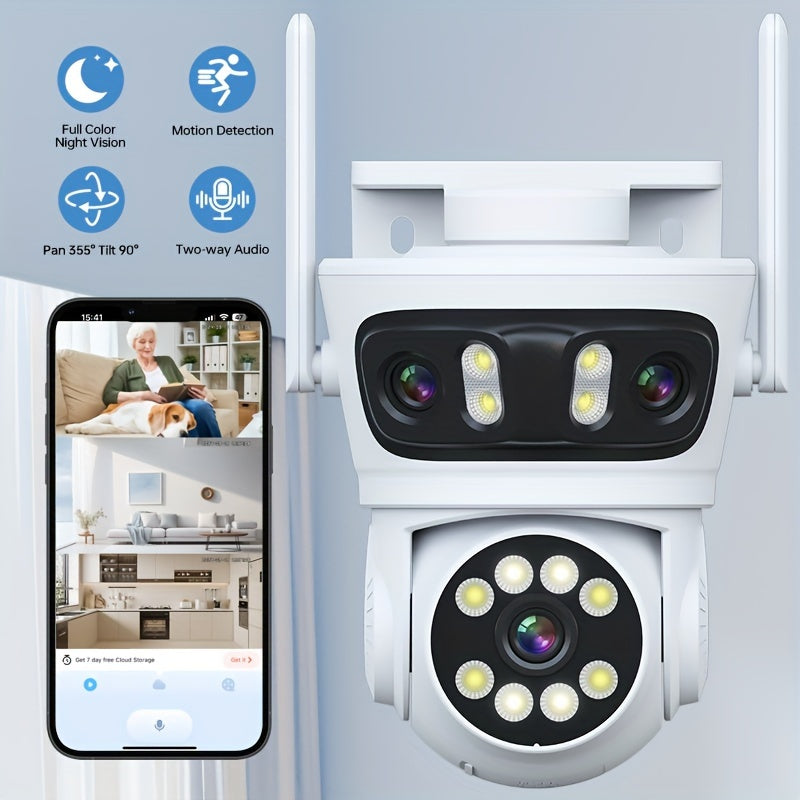 The ZHXINSD Triple Lens Outdoor Security Camera features wireless connectivity, color night vision, and auto tracking capabilities. With 2.4G WiFi compatibility, app control, and USB power supply, it is an essential home surveillance system.