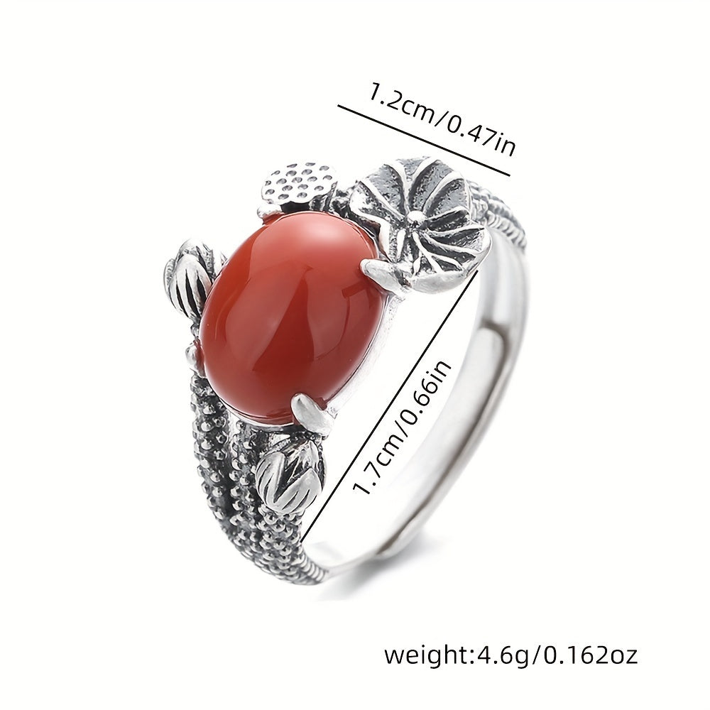 Classic 925 Sterling Silver Ring with Red Agate Stone - Featuring Lotus Leaf Design, Ideal for Both Formal Events and Everyday Wear, Matte Finish, Single Piece, Lightweight 4.6g