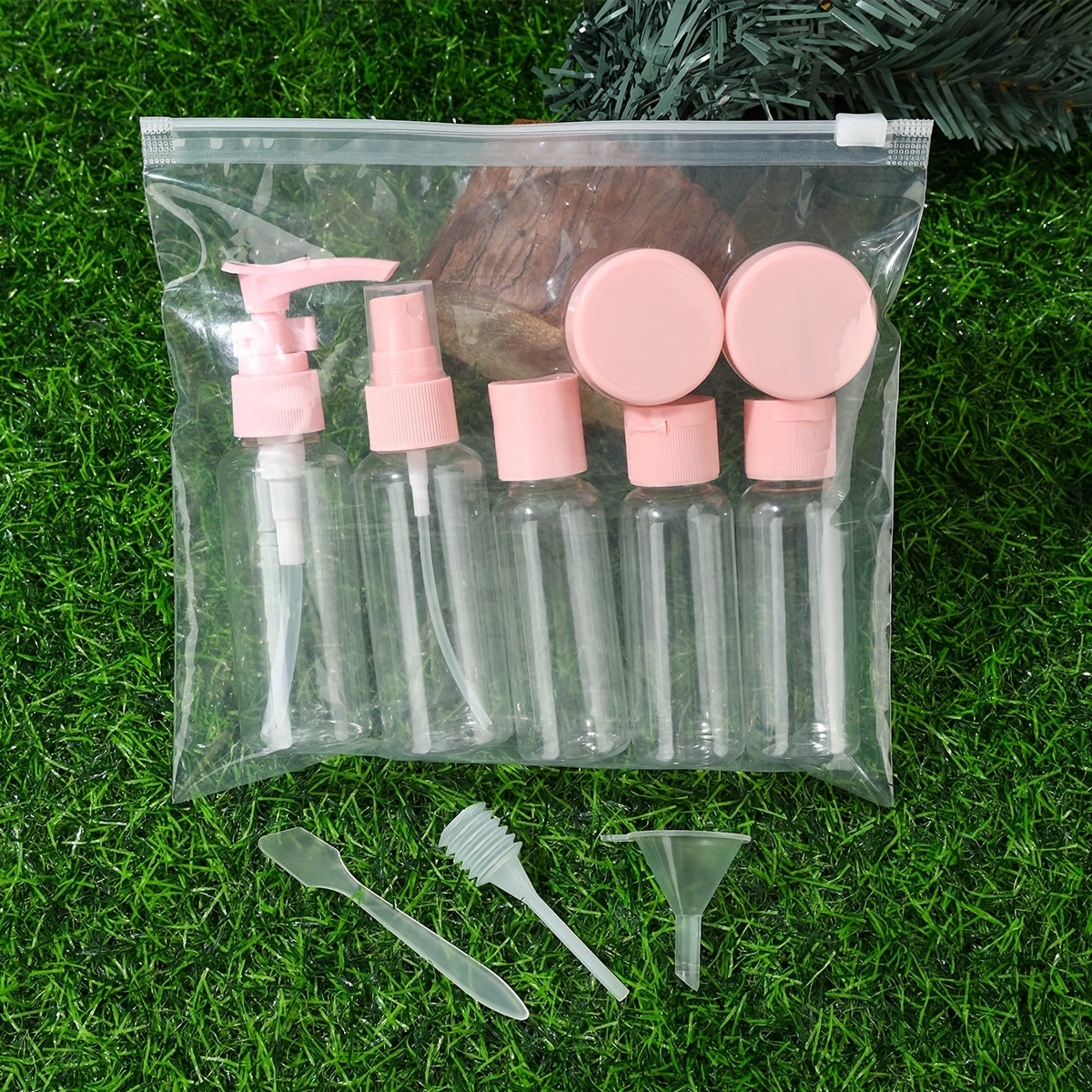 Travel size set includes 10 empty refillable bottles for toiletries with accessories.