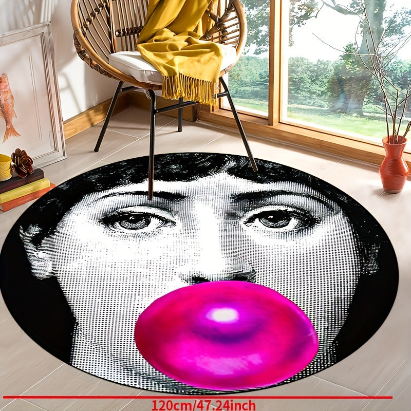 Round non-slip rug featuring a woman blowing bubbles with powder, perfect for entryways, living rooms, bedrooms, outdoor patios, gardens, and yards. Machine washable and suitable for use as a decorative accent in your home or outdoor space. Also can be