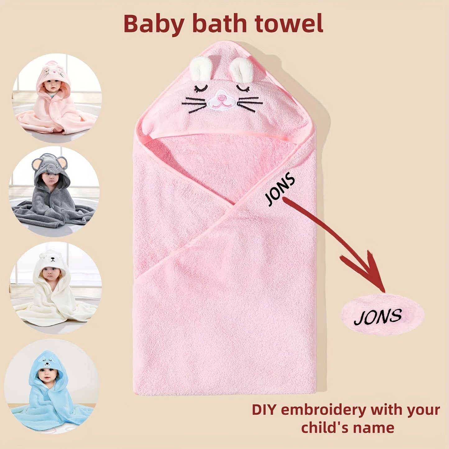 Personalized baby hooded bath towel featuring cartoons, perfect for gifting as a newborn baby gift or baby shower present. Customized with baby's name and alphabet DIY design.