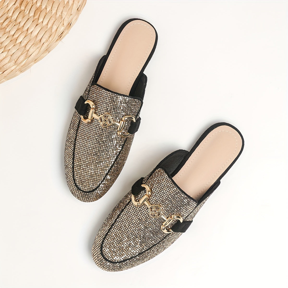 Golden sequin mules with metallic buckle, almond toe, faux leather upper, rubber sole. Perfect for summer fashion.