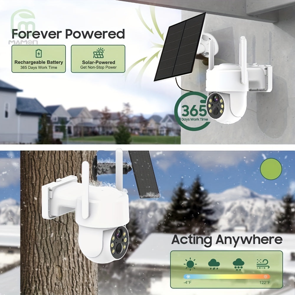 2K Wi-Fi PTZ Smart Home Security Camera powered by solar energy, with 355° Pan and 90° Tilt, 4MP Color Night Vision, PIR Motion Alert, Two-Way Audio, built-in Spotlight, compatible with Alexa, offers Cloud/SD storage, and is easily accessible via