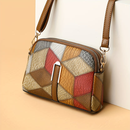 Colorblock crossbody bag featuring a retro rhombus pattern, ideal as a fashion shoulder bag for women.