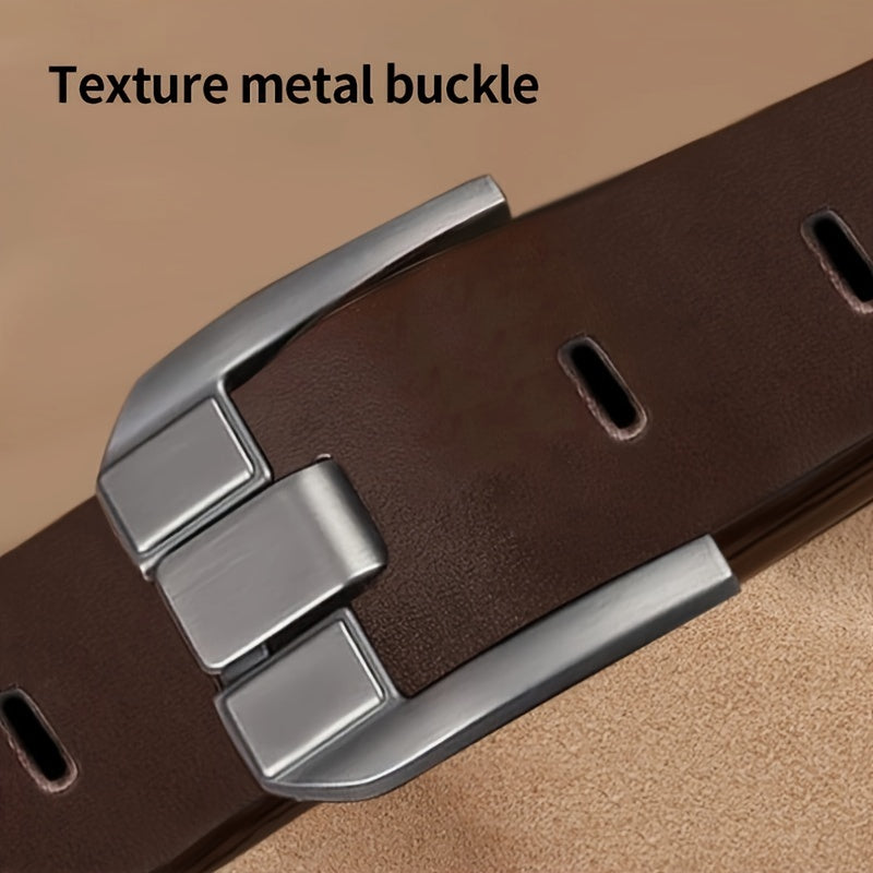 Black PU leather belt with square alloy buckle for casual and business attire.