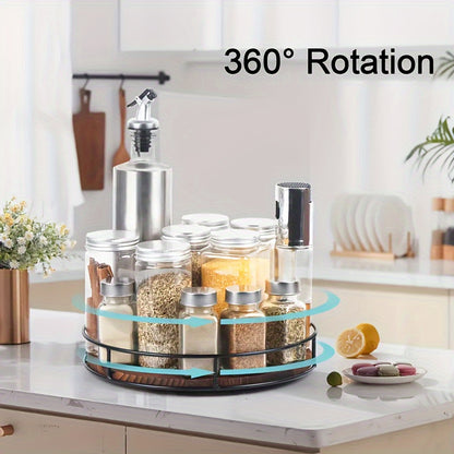 Wooden rotating storage rack with steel handrails, kitchen seasoning tray, Susan turntable, solid wood rotating tray.