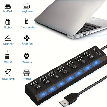 1pc USB Adapter Hub with 7 or 4 Ports, LED Light and Power On/Off Switch for PC or Laptop