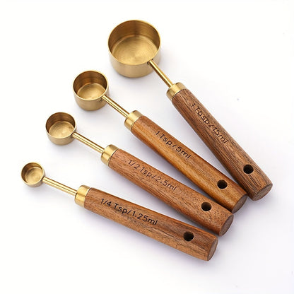 Set of 4 stainless steel measuring cups and 4 stainless steel measuring spoons with acacia wooden handles. Ideal for measuring dry and liquid ingredients when baking or cooking. Includes seasoning and powder spoons for added convenience in the kitchen.