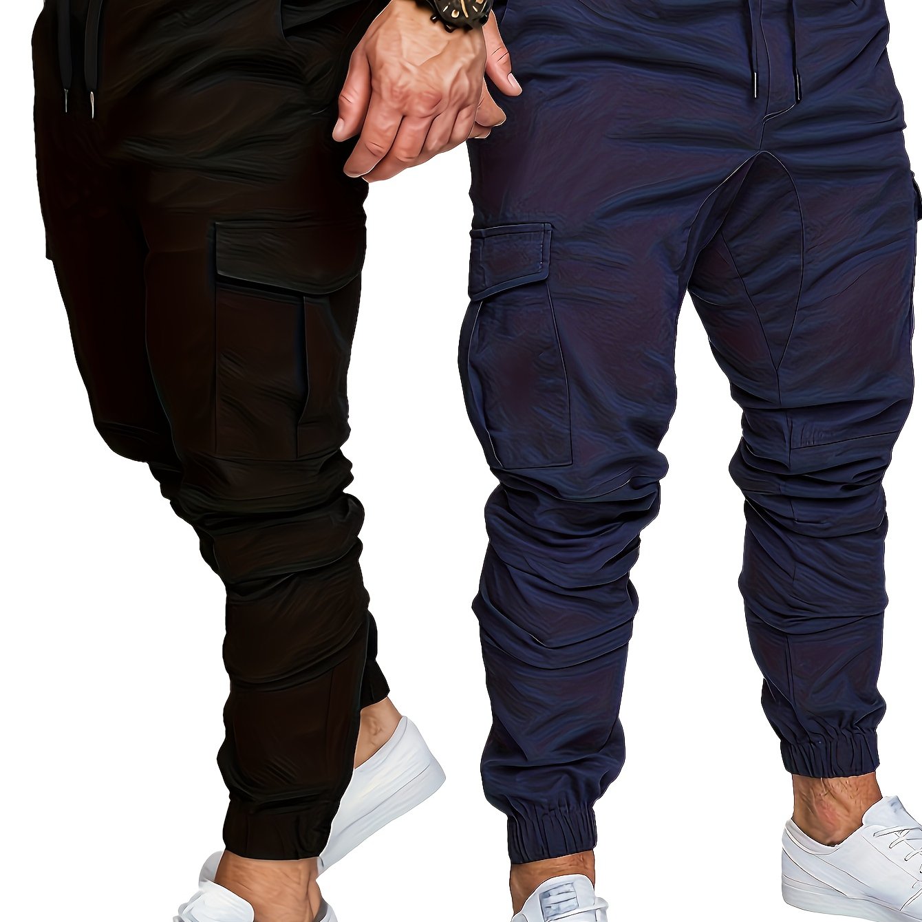 2-piece men's cargo pants set in solid color cotton with drawstring waist, regular fit, all-season wear.