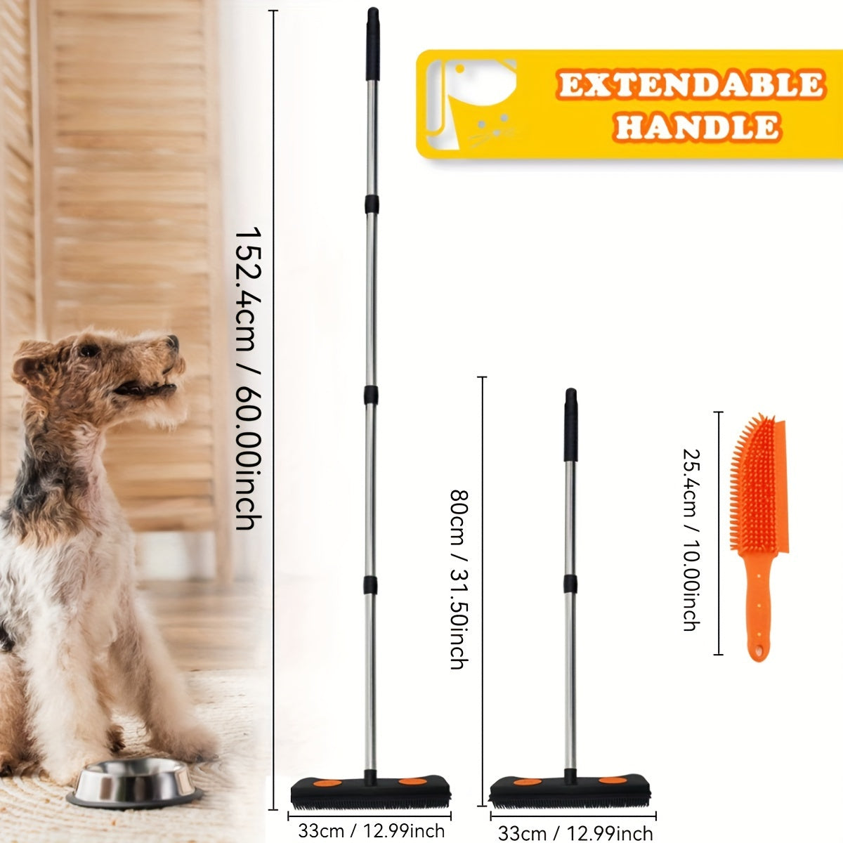 Easily remove pet hair with our 2-in-1 Broom and Carpet Rake featuring a Squeegee attachment. This ergonomic tool has rubber bristles for thorough cleaning, a stainless steel handle, and is perfect for tackling fur and dust from dogs and cats. Ideal for