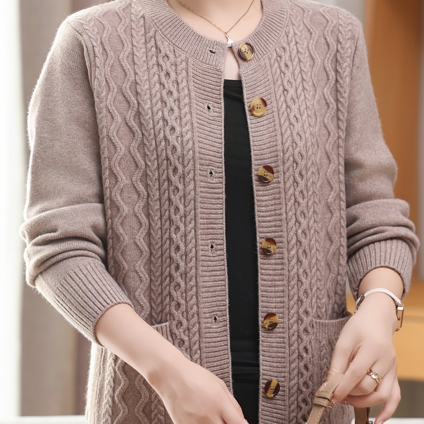 Women's cozy cable knit cardigan with button front, pocket, and long sleeves - perfect for all seasons