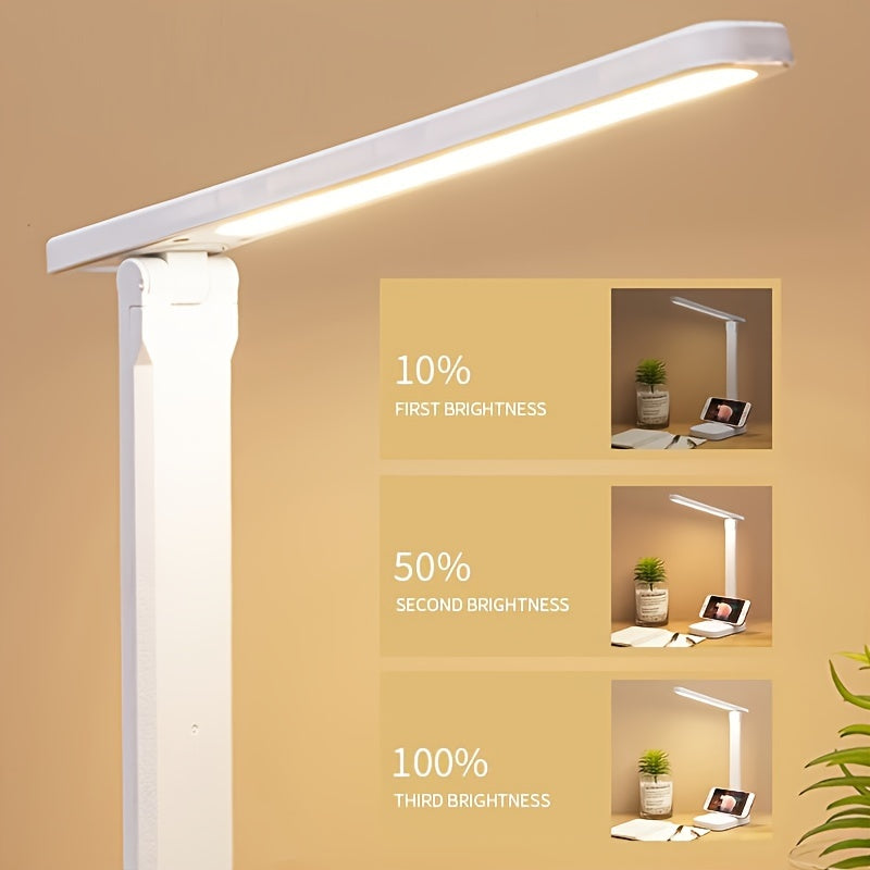 Smart touch LED desk lamp with 3-level dimmable light, eye protection, adjustable arm, USB powered, rust resistant, for indoor use. Includes cord.