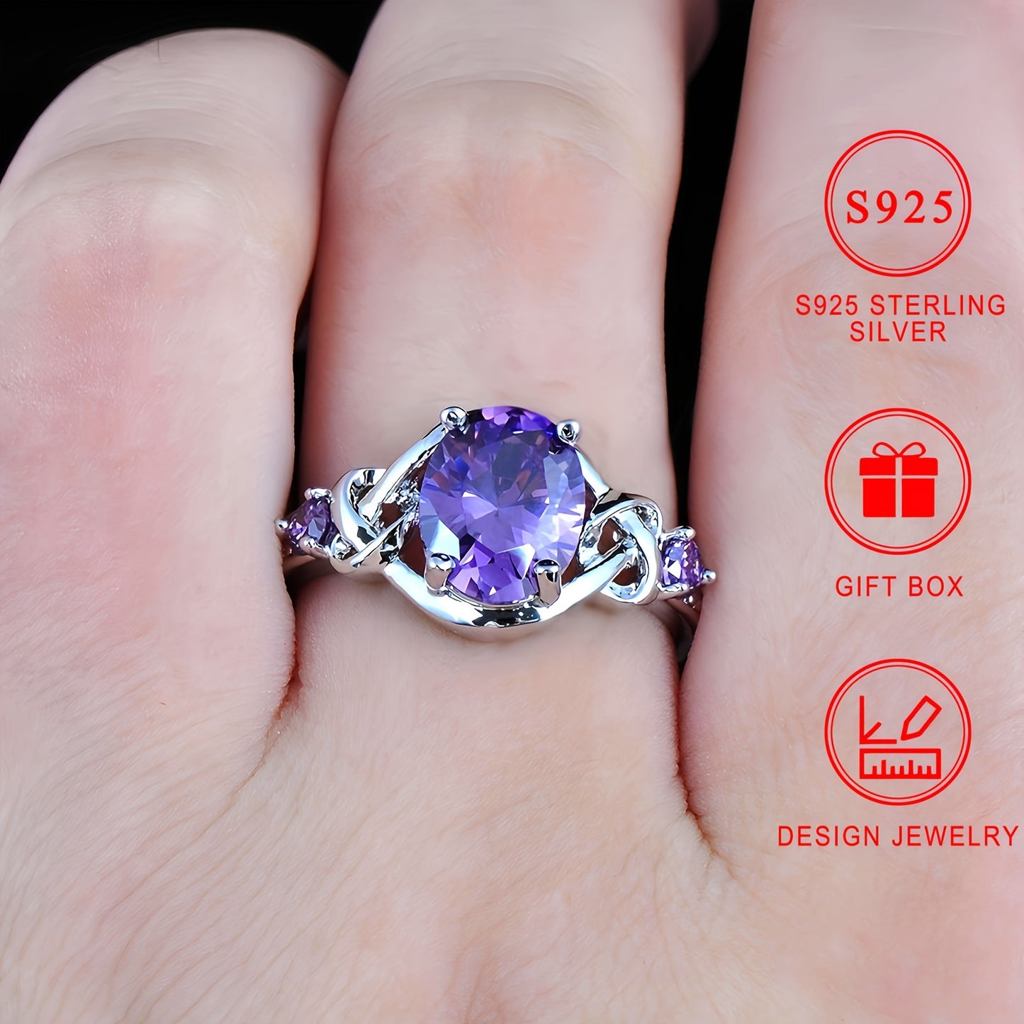 French-style 925 sterling silver engagement ring with oval synthetic purple cubic zirconia. 3-stone setting with twist knot design. Ideal for daily wear and special occasions. Comes with