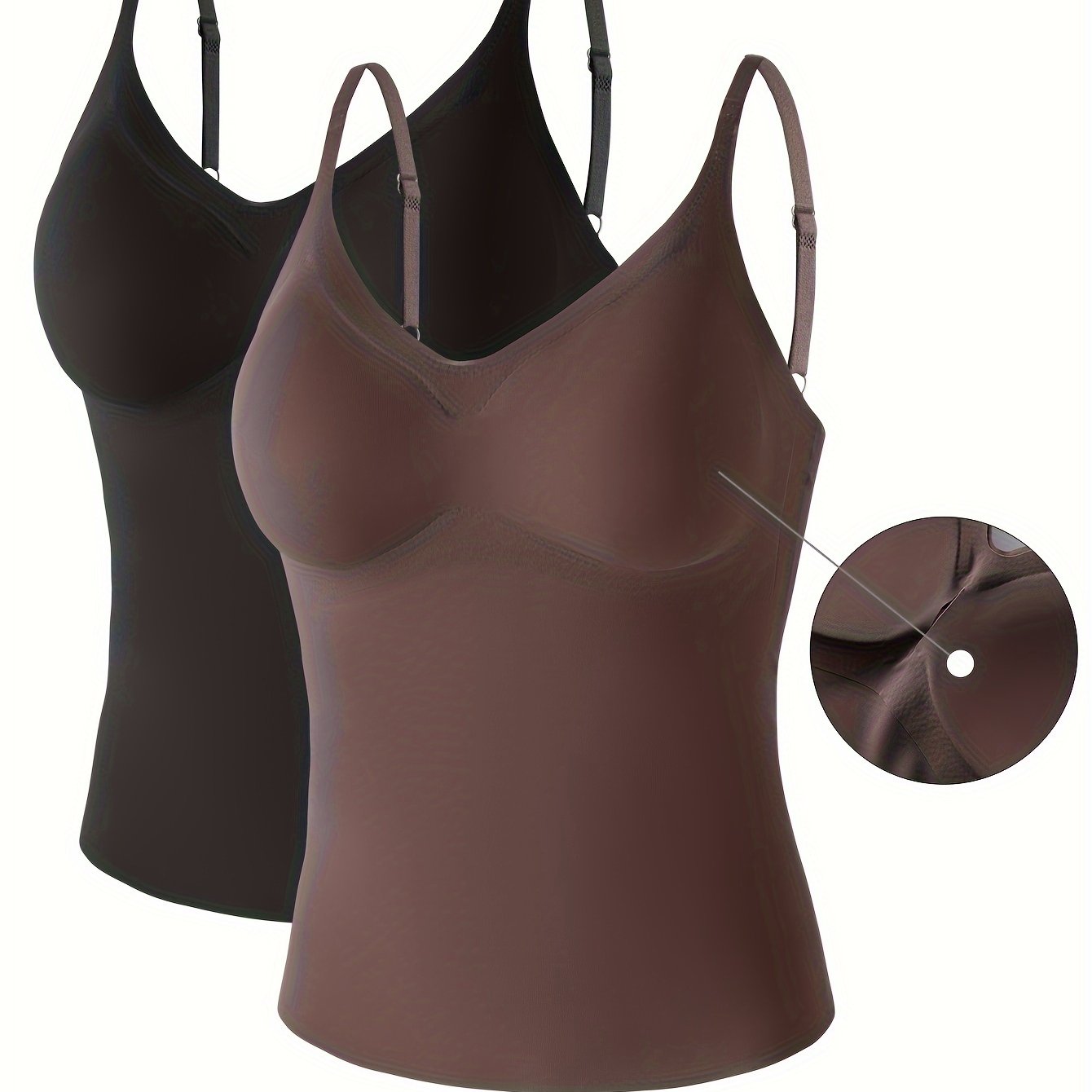 2 Women's Seamless Camisoles with Built-In Bra Pads - Purple Coffee & Black, Nylon Blend, Versatile and Comfortable Inner Wear