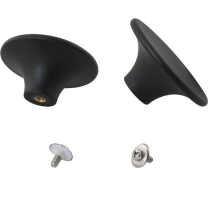 Two black polycarbonate oven knobs, perfect for replacing bakelite pot lids. These knobs are compatible with enameled ovens and do not require electricity.