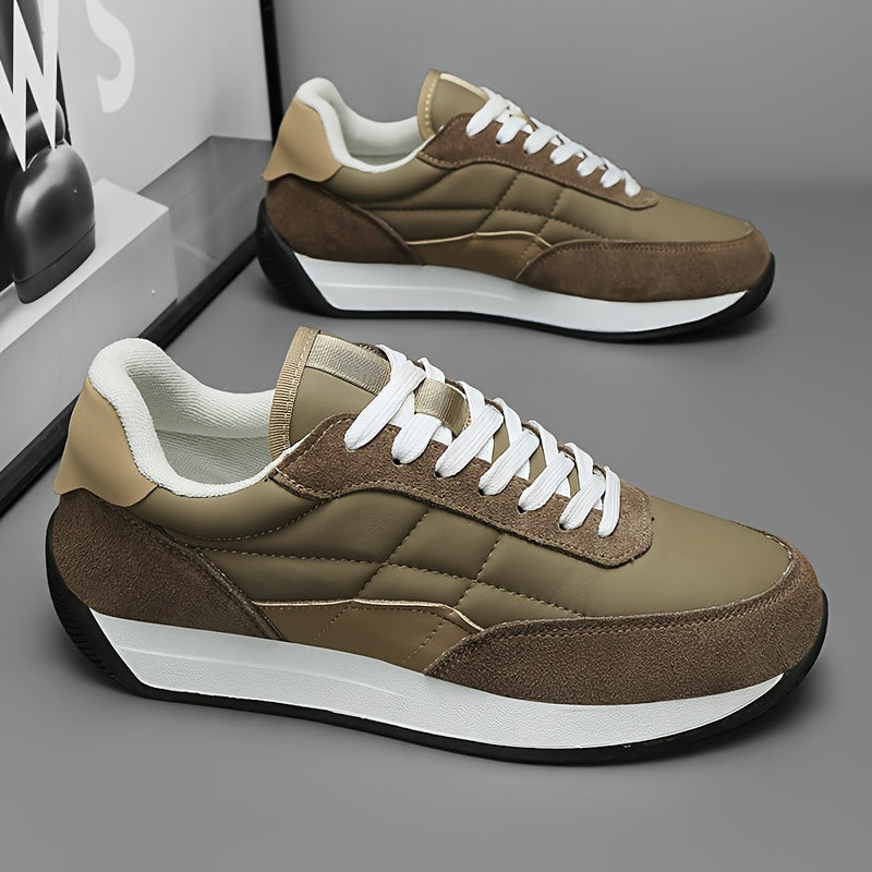 Stylish thick-soled olive green running sneakers with white accents, suitable for all seasons.