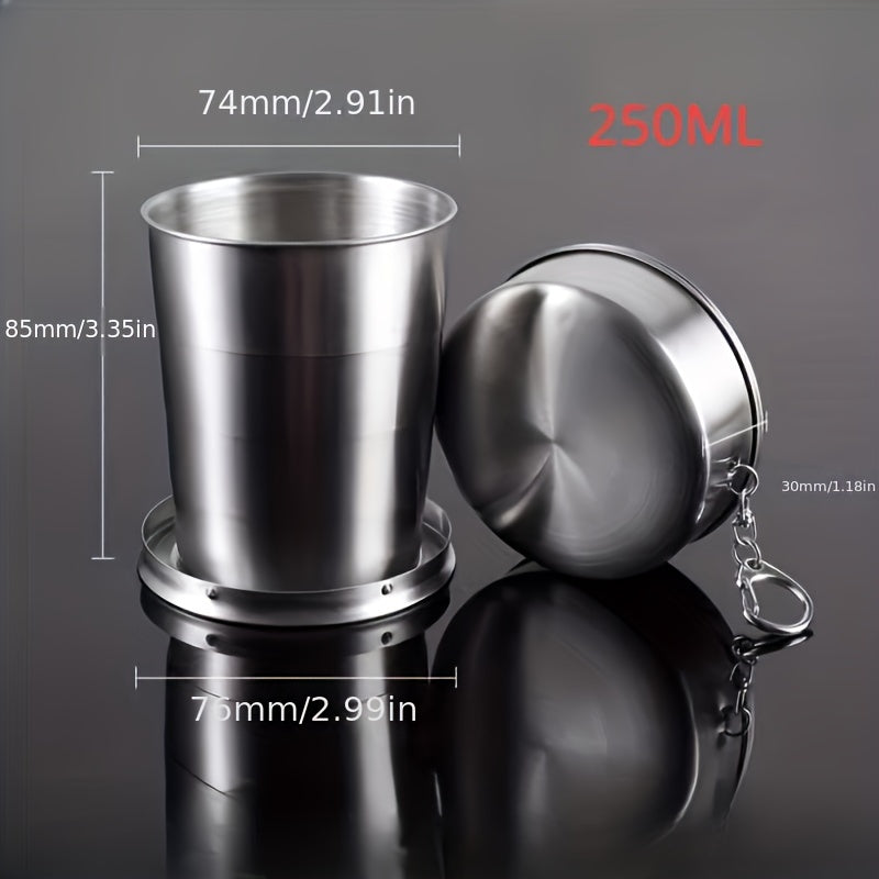 Stainless steel folding cup with keychain, retractable and portable. Ideal for camping and outdoor activities.