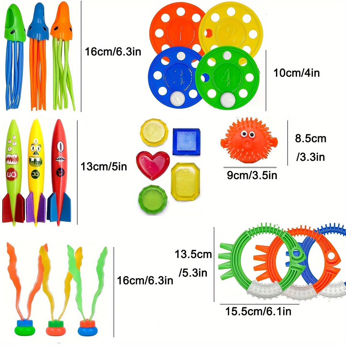 Children's diving pool toy set with underwater swim games includes PVC beach dive sticks, rings, and treasure toys. Perfect for toddlers and children at parties.