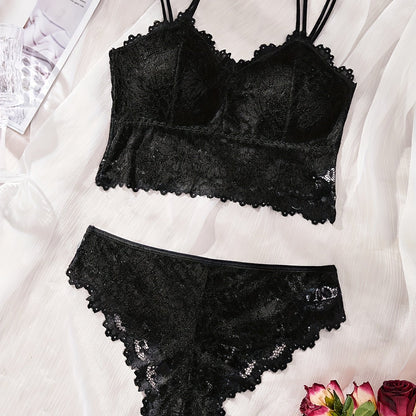 Stylish and sexy sunflower suspender lace underwear set for women, no steel ring, monochrome design.