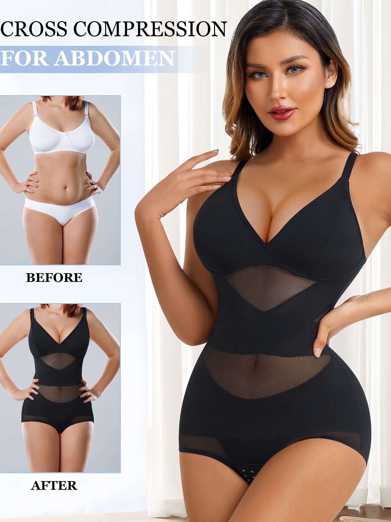 Shapewear bodysuit for women with removable pads, deep V neck, firm tummy control, breathable mesh, butt lifter, all-day wear.