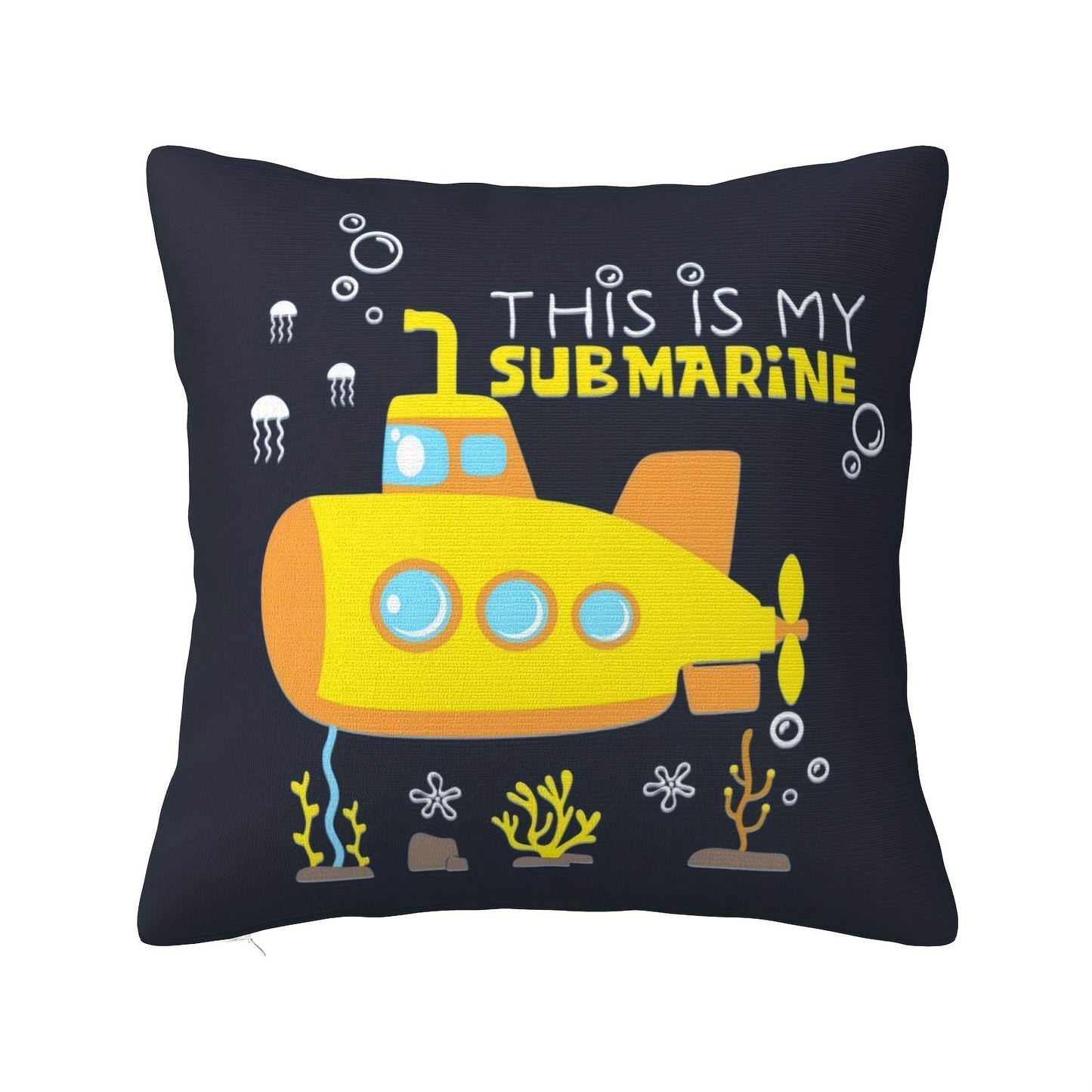 This decorative pillowcase features a fun design of a yellow submarine with the words "This is my submarine" printed on it. Measuring 45.72 x 45.72 cm, it is perfect for adding a playful touch to rooms, sofas, chairs, or bedding. Made of soft plush