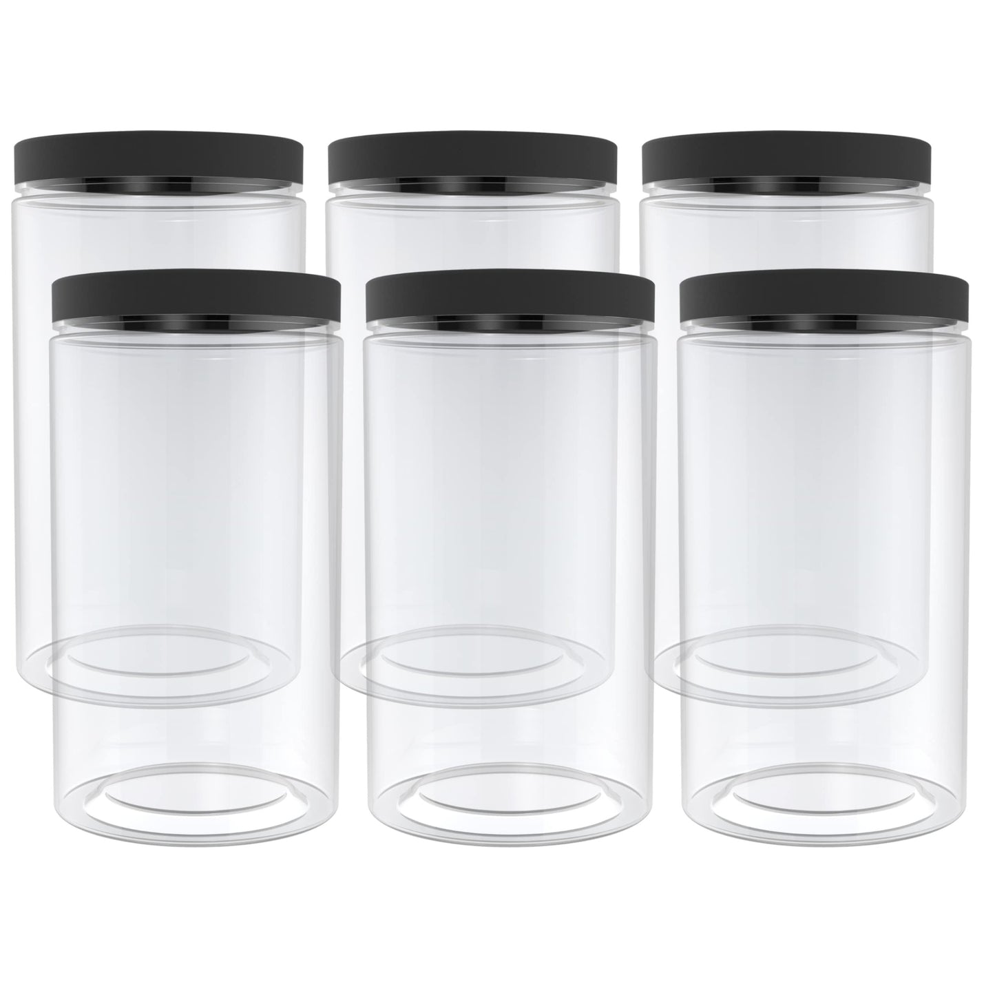 Set of 6 43oz Clear PET Food Storage Jars with Smooth Black Lids - BPA Free, Wide Mouth for Easy Pouring & Cleaning - Ideal for Organizing Your Kitchen Pantry