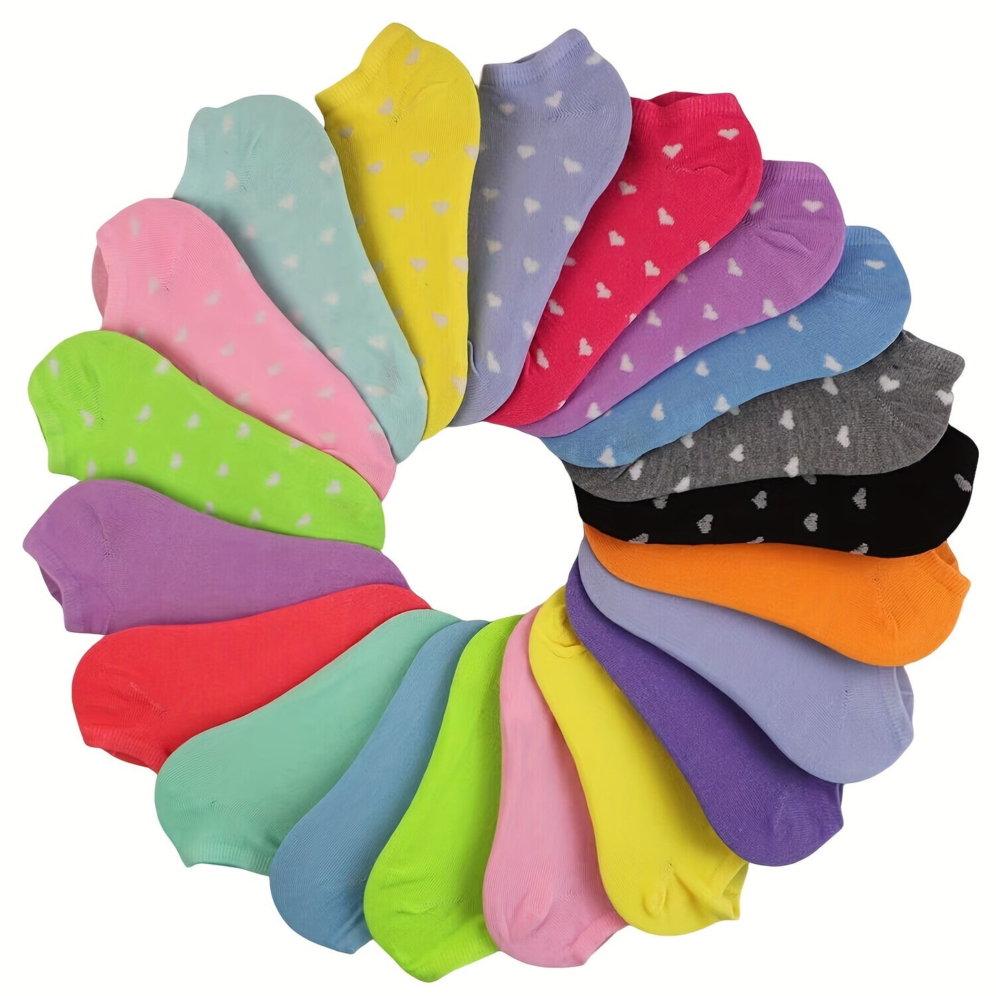 20 pairs of candy-colored, lightweight, and breathable low cut ankle socks for women.