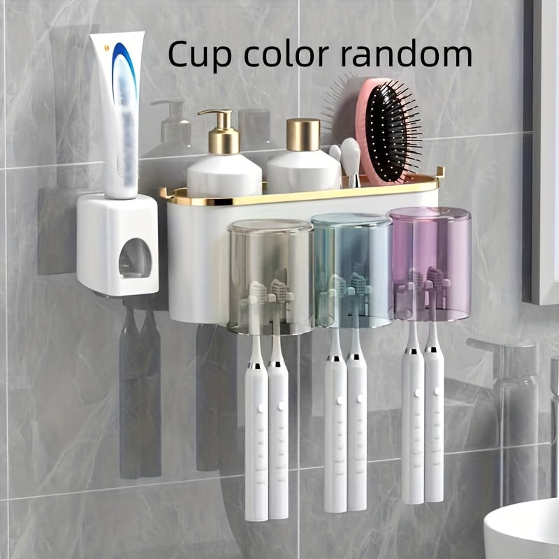 Durable plastic wall-mounted toothbrush holder with gargle cup for space-saving bathroom organization.