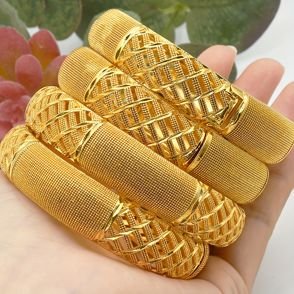 Set of 4 Elegant Golden Cuff Bangles - Made from Zinc Alloy, Ideal for Weddings & Parties, Bangle Bracelet Collection