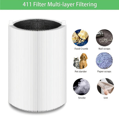 Blue Pure 411 filter replacement compatible with Blueair Blue Pure 411 air purifiers, featuring H13 true HEPA filter and activated carbon for maximum purification.