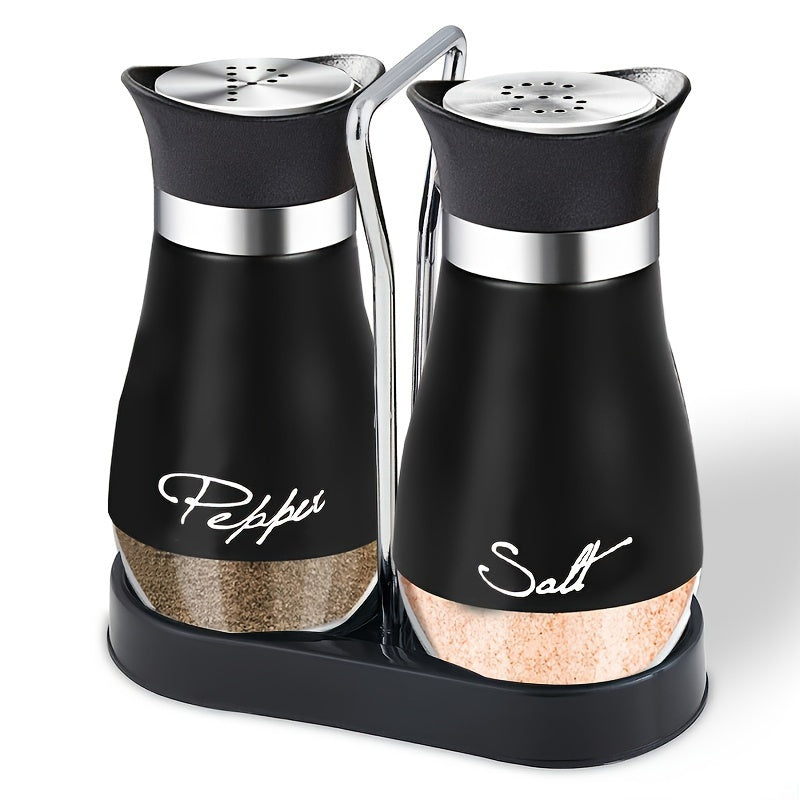 Glass Bottom Salt and Pepper Shaker Set with Stainless Steel Lid - Kitchen Gadgets Cooking Table Accessories with Holder and Glass Bottle - Perfect for Dining Table, RV, Camping, Barbecue - Set of 2