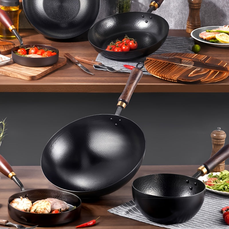 Durable 32.0cm Thick Cast Iron Skillet - Non-Stick, No Coating, Round Bottom Wok for Gas Stove Top & Induction Cooker - Ideal for Stir Fry & Cooking