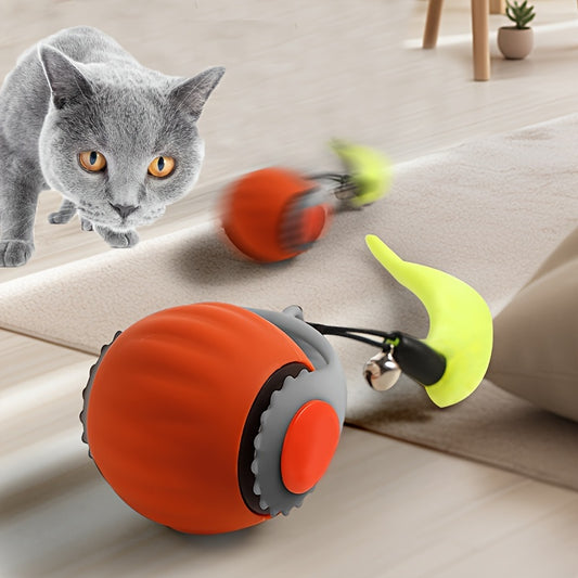 USB rechargeable interactive cat toy with bell and long tail, cartoon animal-inspired rolling teaser ball in red and gray, safe for all cat breeds.