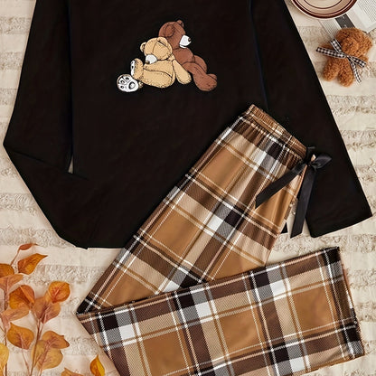 Teddy bear print pajama set featuring long sleeve top and plaid pants for women's sleepwear.