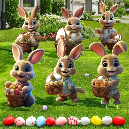 6-Pack Easter Bunny Yard Signs, Plastic Rabbit Garden Stakes for Outdoor Easter Decorations.