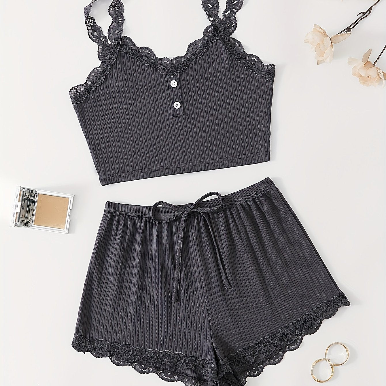 Ribbed lace trim pajama set for women includes a V-neck crop top and shorts with a comfortable fit for summer nights.