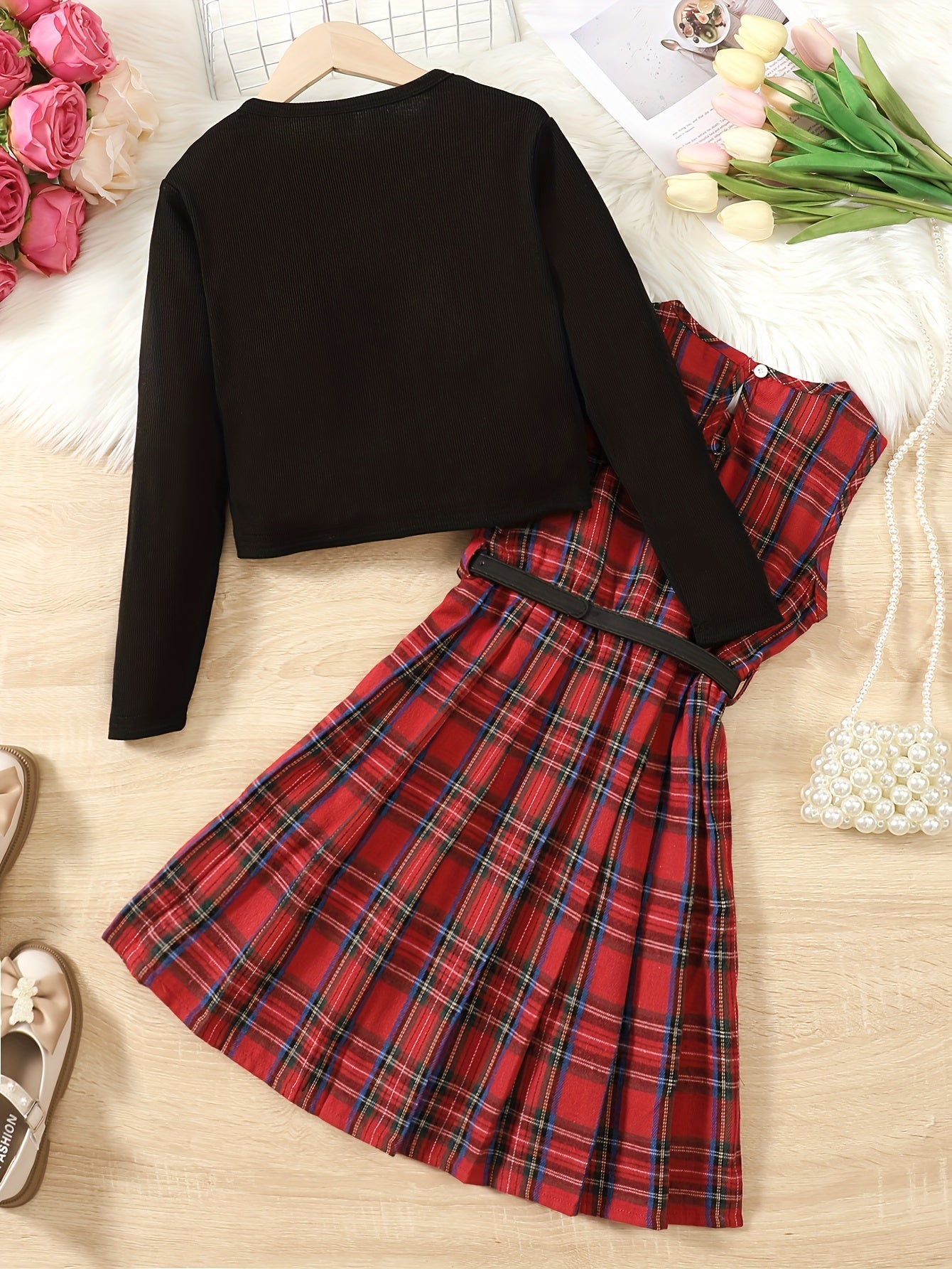 Tween girls' two-piece dress set includes a bow round neck ribbed button jacket cardigan and a sleeveless round neck plaid pleated dress with belt. Perfect for Valentine's Day or New Year