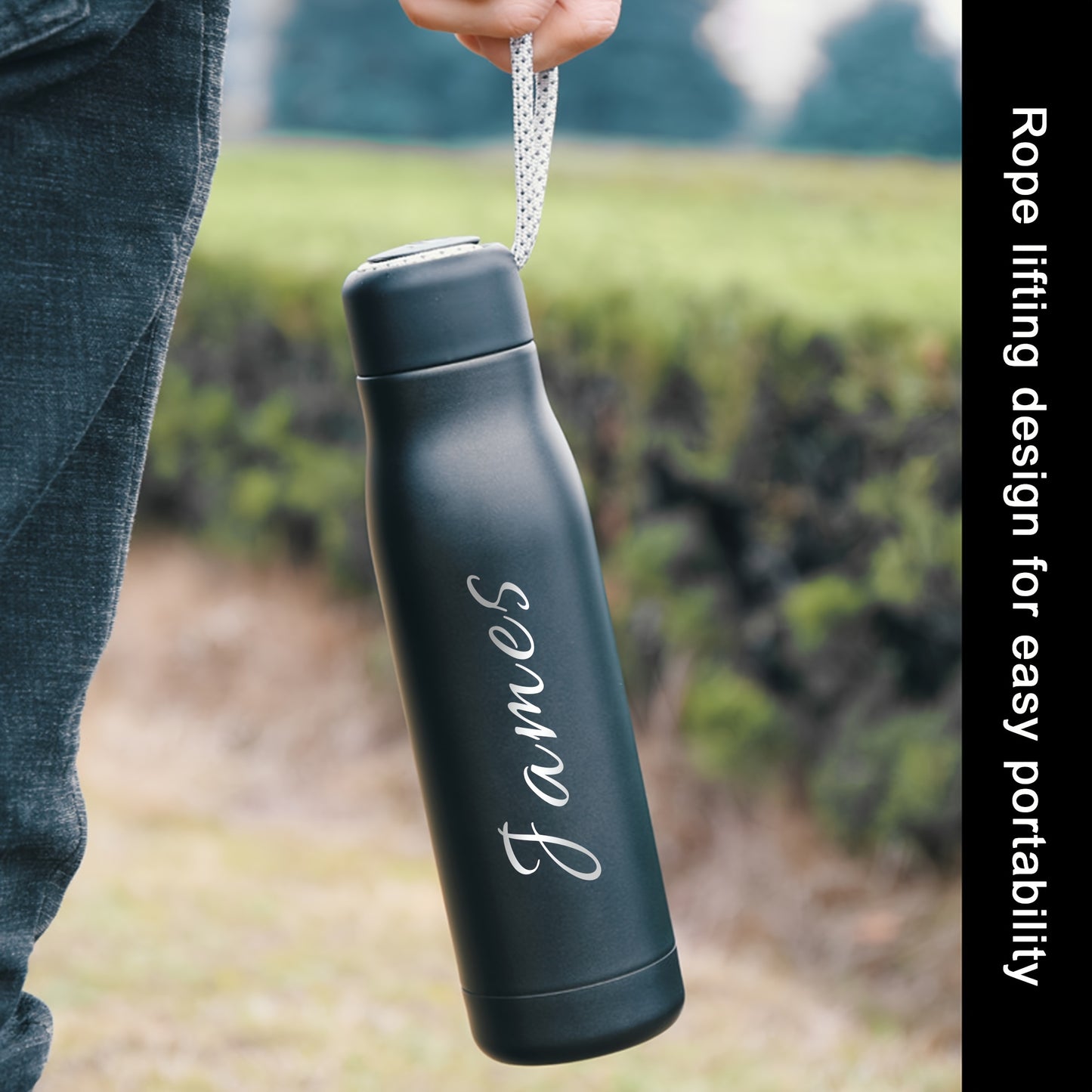 Personalized thermos bottle with laser-engraved text on stainless steel featuring rope design.