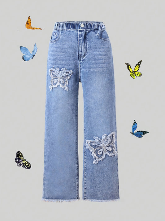 Stylish Butterfly Patched Straight Jeans for Girls, Casual Elastic Waist Denim Trousers - Suitable for Street/ Everyday Wear.