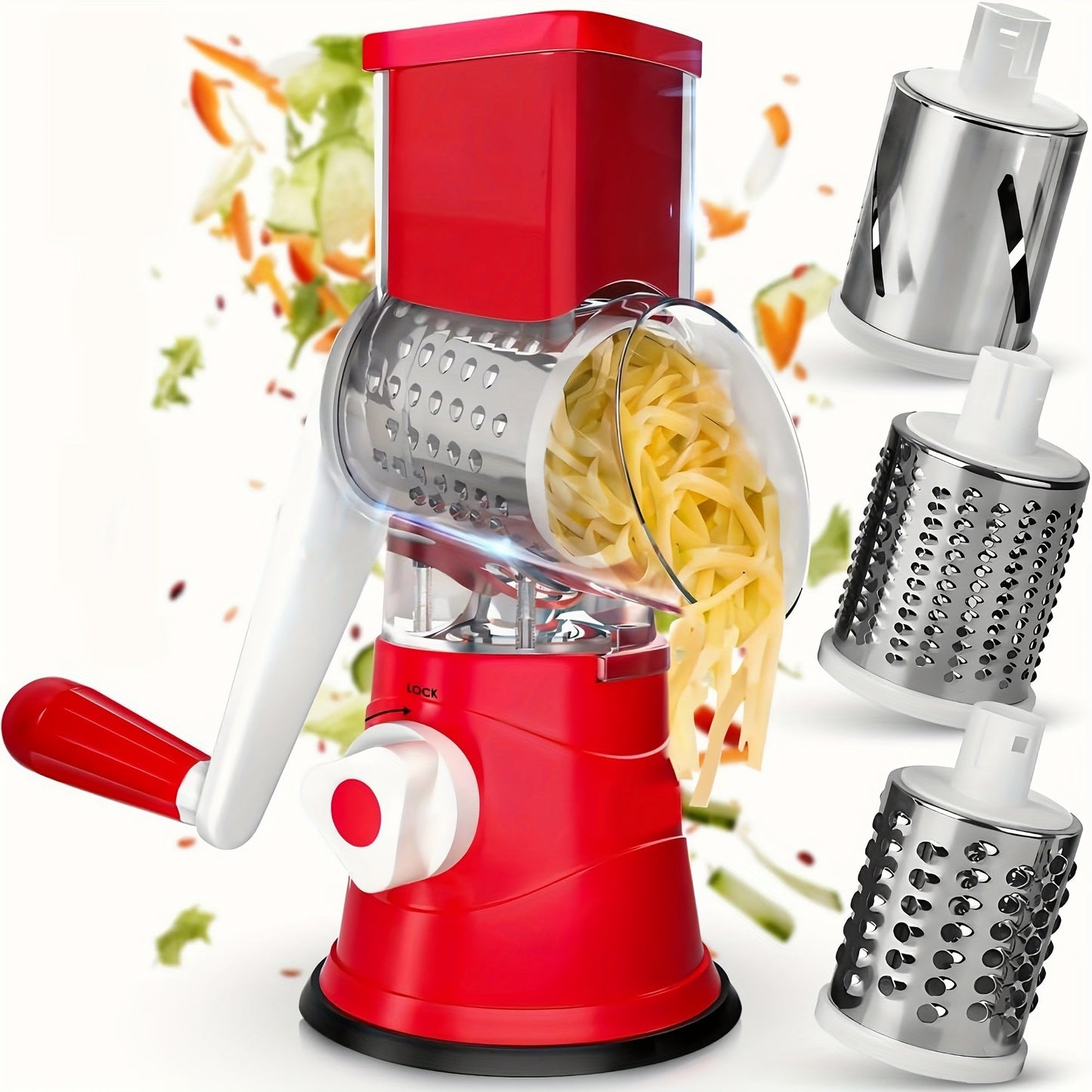 One piece of a durable plastic 3-blade fruit and veggie slicer and shredder, suitable for food-grade use in home kitchens, restaurants, and baking. This versatile tool is easy to assemble and perfect for all types of food preparation.