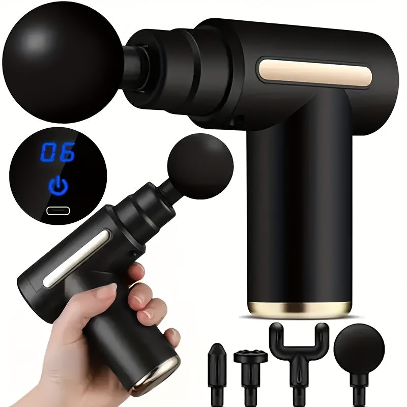 Compact and powerful black massage gun with 4 heads, high-intensity vibration, and rechargeable design - ideal for back and neck muscle relief. Great gift for parents.